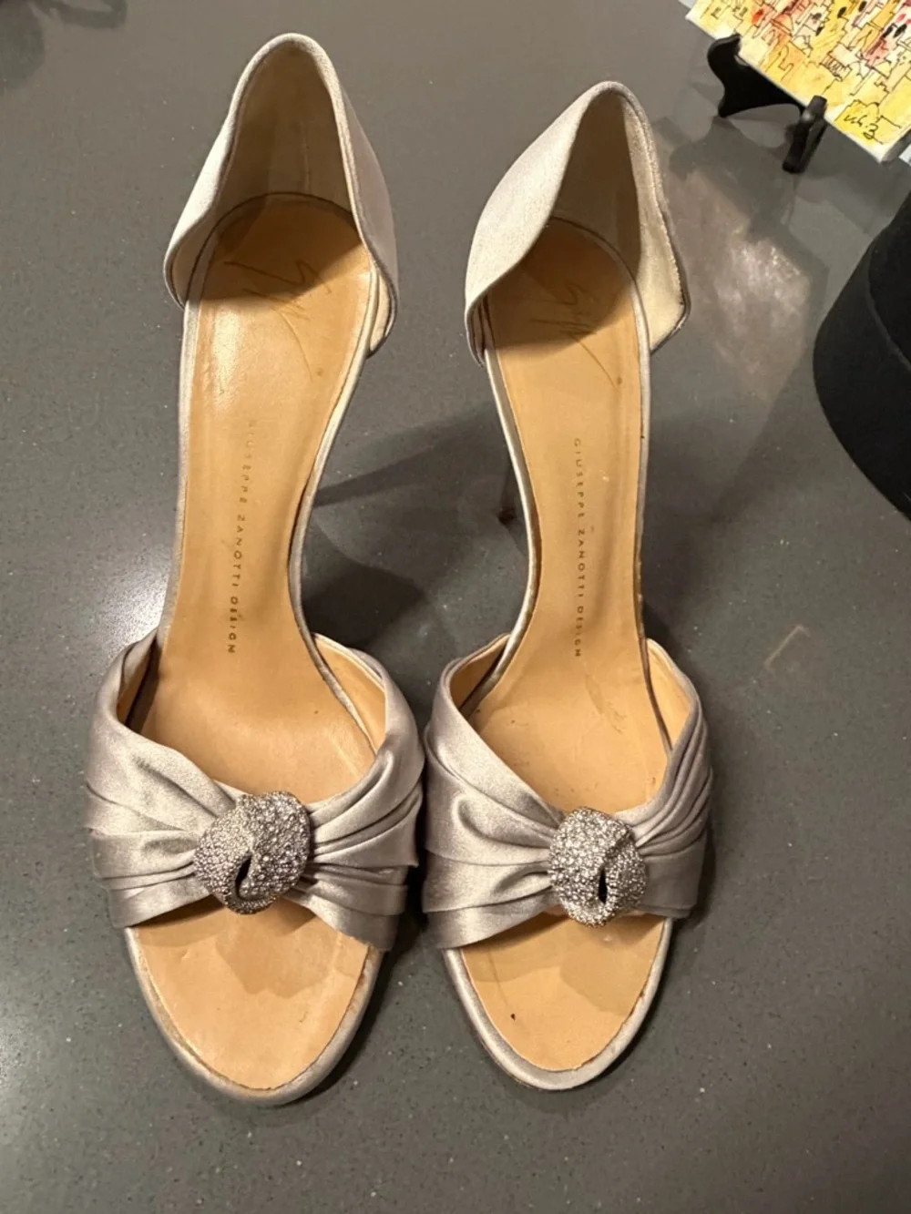 Giuseppe Zanotti Satin D'Orsay Heels W Swarovski Crystal Accent in Silver Sz 39